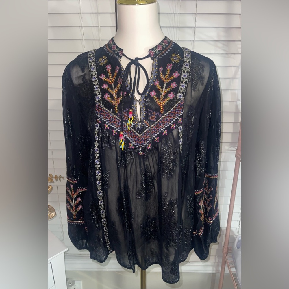 Zara Black Sheer Blouse with Multicolor Embroidery